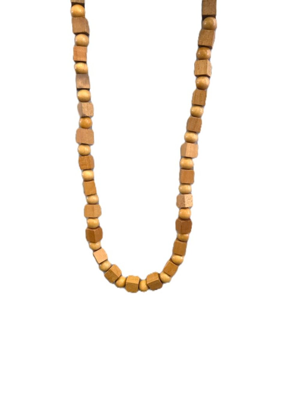 Wood Bead Necklace 24" Multi Bead Stone Pendant Square Round Tan Beige Brown